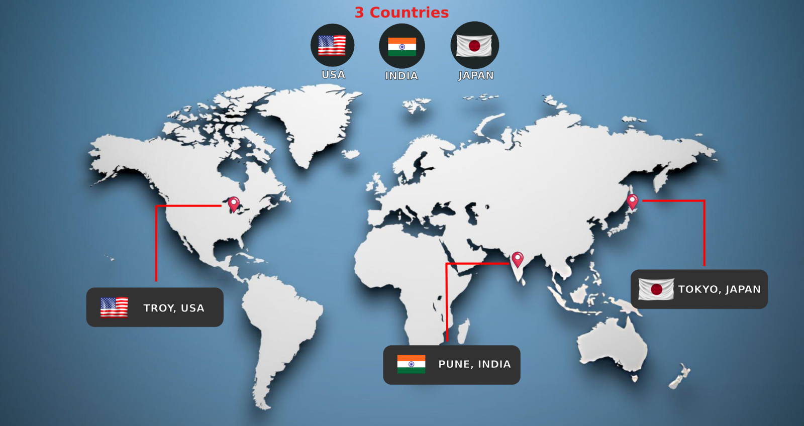 Global Map with Troy, Pune, Tokyo